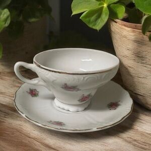 Vintage Delicate Floral Porcelain China Teacup and Saucer in Pink with Gold Trim